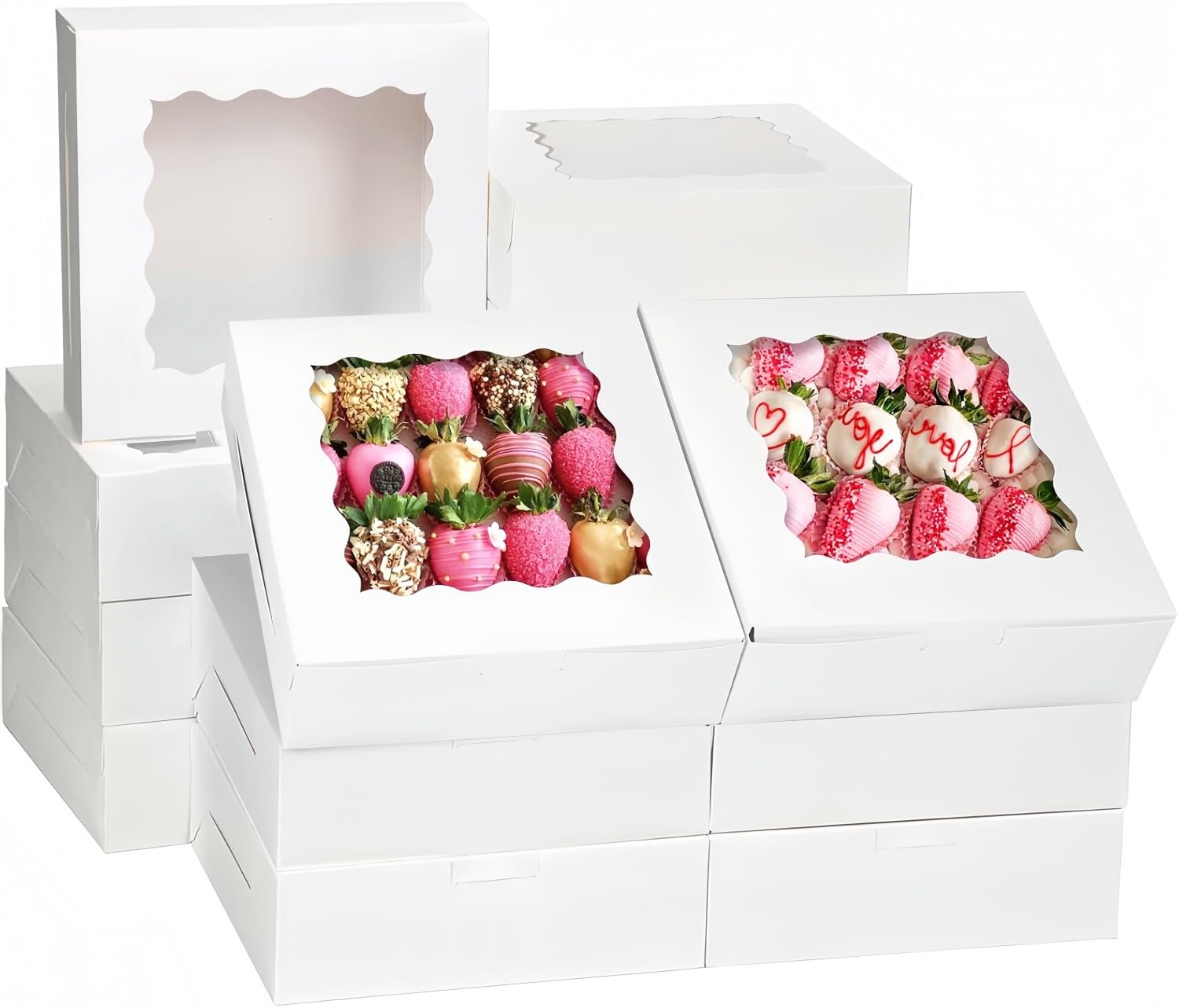 KAHEIGN 24Pcs Cookie Boxes with Window, 23CM x 23CM x 6.5CM Large White Bakery Boxes Square Treat Boxes for Pies Donuts Chocolate Covered Strawberries Pastries Muffins Cake Pops