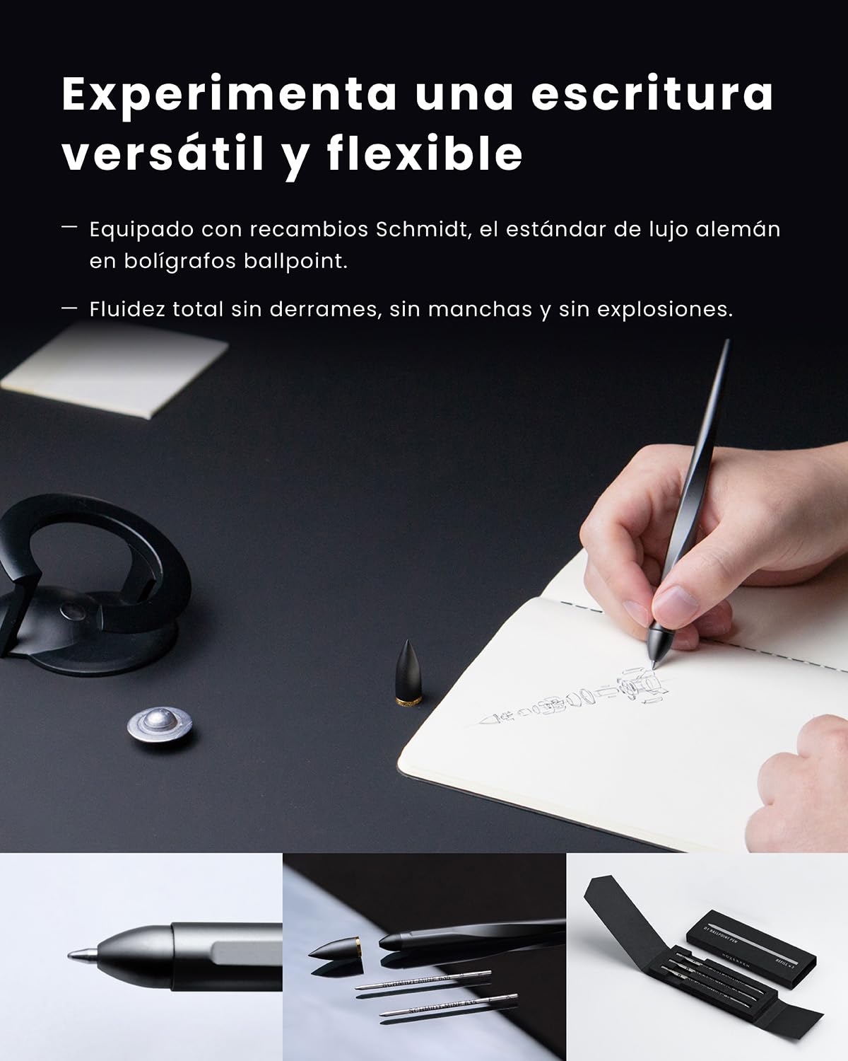 novium Hoverpen Interstellar Edition - Bolígrafo de lujo futurista hecho con aleaciones aeroespaciales, estética única, bolígrafo ejecutivo giratorio gratis, regalos para hombres y mujeres (negro