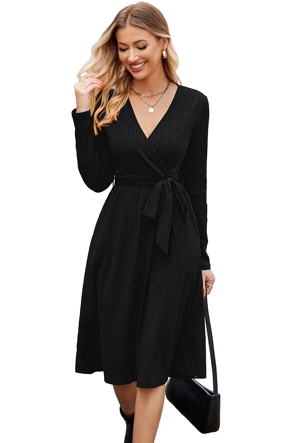 Newshows Womens 2025 Fall Dresses Teacher Church Business Casual Work Outfits Knit Midi Sweater Pockets Belt Dress