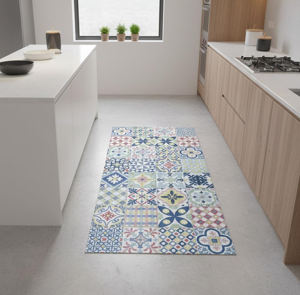 Alfombra de Vinilo Multicolor con Diseño Geométrico y Floral, Resistente, Fácil de Limpiar,Ideal para Cocina, Baño .. HIDRAMULTI (80X120 cm)
