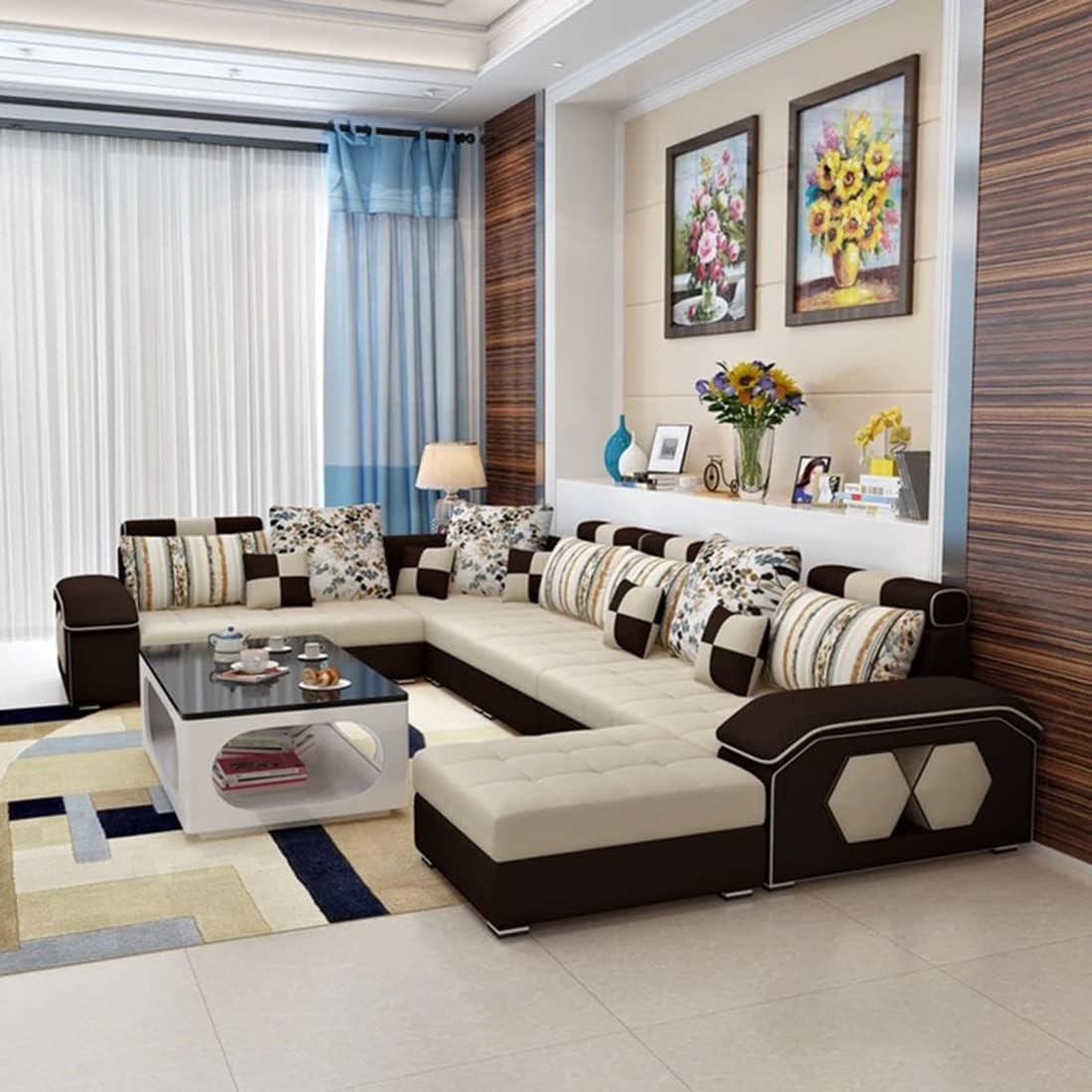 Silvester U Shape 9 Seater Modern Interchangeable Fabric Sofa Set with 4 Puffy (Right, Cream & Dark Brown)