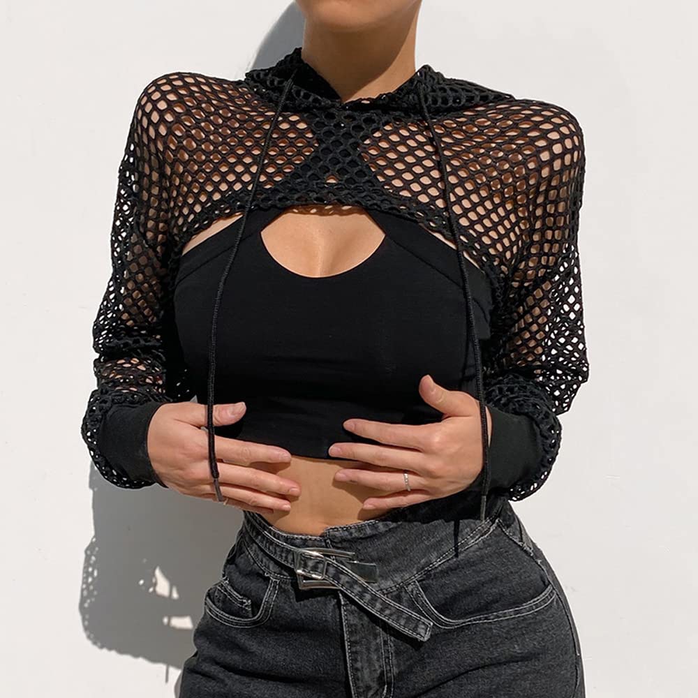 SINROYEE Women's Casual Sexy Mesh Contrast Long Sleeve Pullover Crop Top Hoodie T-Shirt: Medum Black