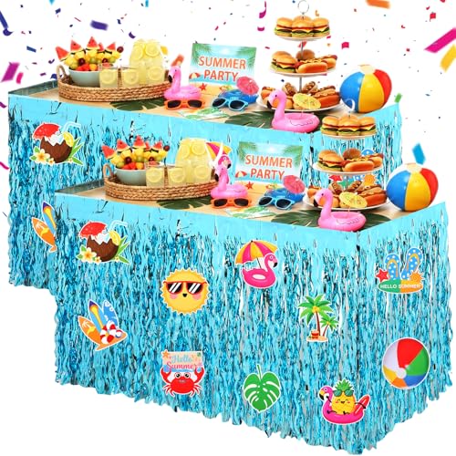Reallnaive 2 Pack Summer Pool Party Table Skirt 30 x 108 Inch Summer Beach Pool Party Decorations Foil Fringe Tinsel Table Skirts with Cutouts Tablecloth Cover for Hawaiian Birthday Supplies