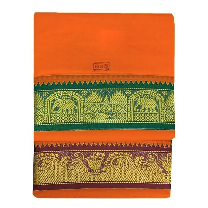 Mens Panchakacham 9X5 Bleached Cotton Colour Dhoti + Towel set (Orange)-image-27