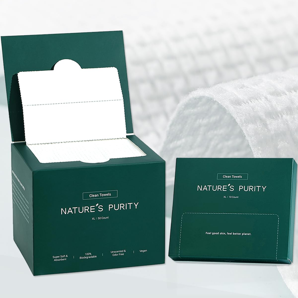 Natural’s Purity Clean Towels - 100% Biobased, Disposable Face Towels for Sensitive Skin, Super Soft Biodegradable, Facial Washcloth 50 Ct with Travel Pack 10 Ct