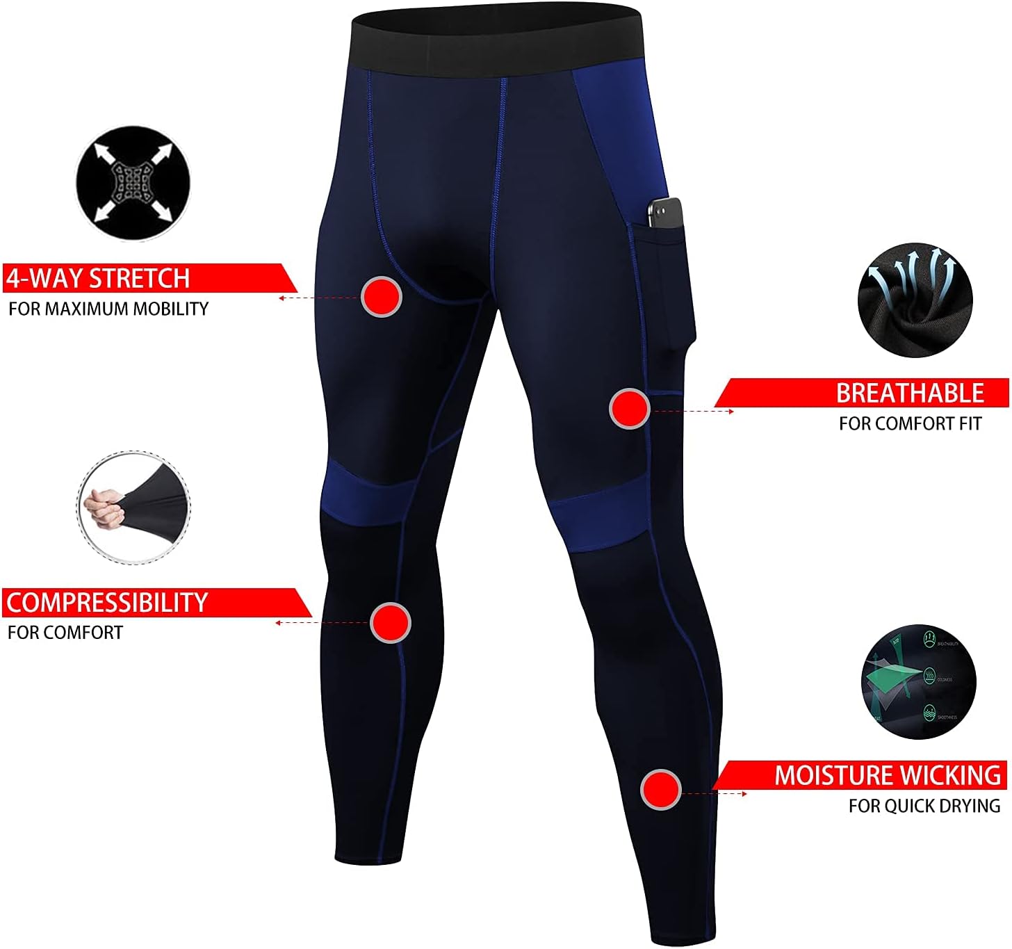 LANBAOSI Mens Compression Pants with Pockets Workout Leggings Running Tights Cool Dry Athletic Sports Gym Baselayer 2 Pack
