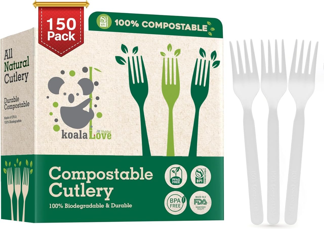 100% Compostable Forks 150 Large biodegradable Disposable Compostable Cutlery Silverware Utensils durable and heat resistant alternative to plastic