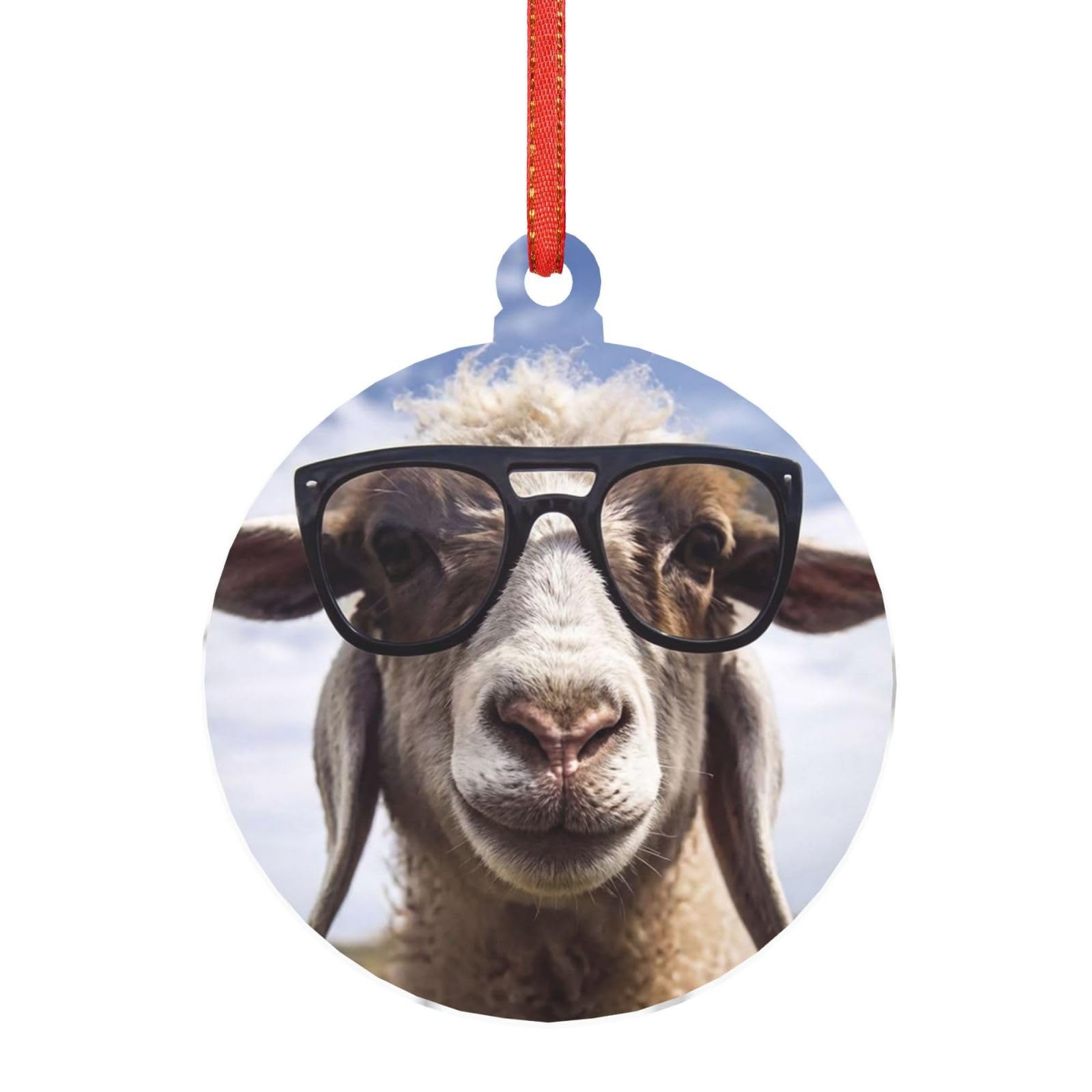 Hjkjkkj Round Shape Acrylic Ornament Christmas Tree Decoration Clear Round Pendant With Red Ribbon Sheep Wearing Glasses Christmas Ornaments Indoor Outdoor Hanging Acrylic Pendants For Xmas Party Decor