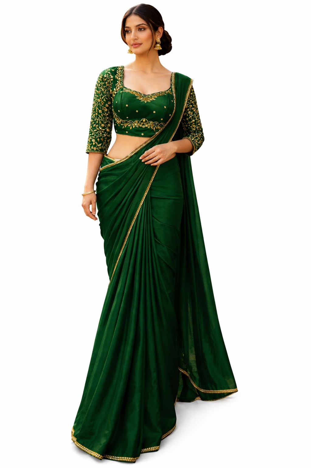 Green Chinnon Designer Saree with Full Stiched Readymade Blouse with Gold Zari Embroidery-picture-10