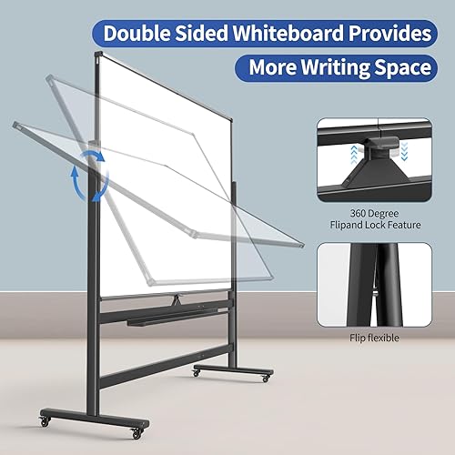 Miniatura 5 de Pizarra blanca rodante de doble cara, 72 x 48 pulgadas, pizarra blanca magnética de borrado en seco móvil sobre ruedas con marco de aluminio y