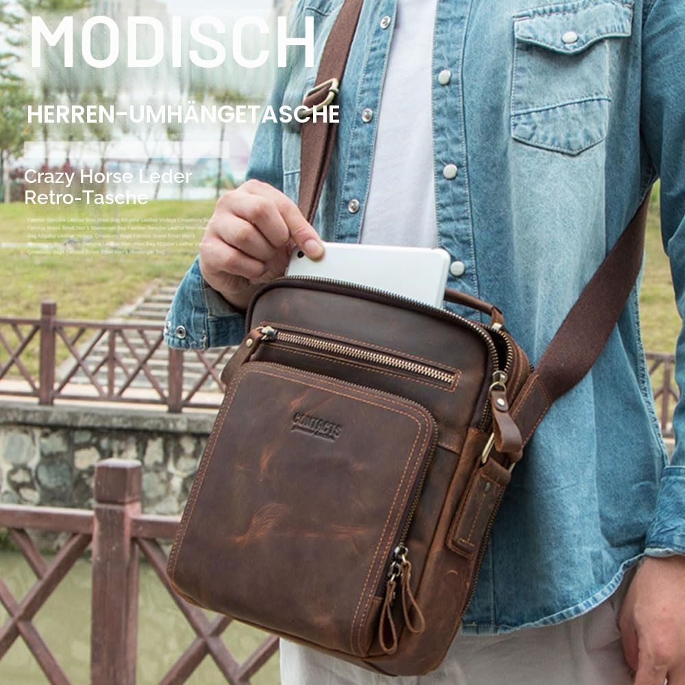 CONTACTS Men Small Leather Messenger Bag, Genuine Leather Crossbody Bag Shoulder iPad Bag Travel Handbag