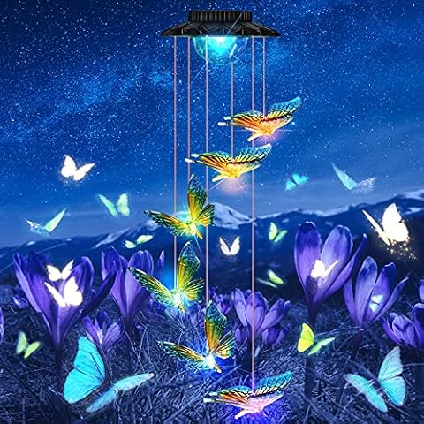 Solar Wind Chimes, LED Butterfly Color Changing Outdoor Indoor Waterproof Mobile Decorative Outdoor Hanging Solar Lights for Home Patio Yard Garden Decor Birthday Great Present Cover
