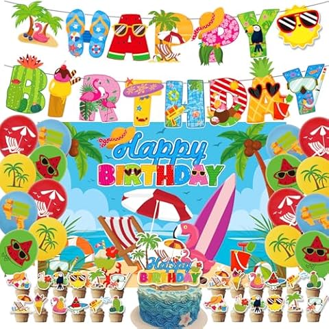 43Pcs Hawaiian Birthday Party Decoration, Luau Birthday Party Supplies, Includes Balloons, Banner, Cake Topper, Background, For Boy/Girl Birthday Decoration Cover