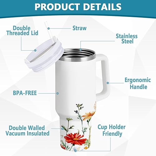 Miniatura 4 de linqin Florals - Vaso aislado al vacío de flores de dalia con tapa y popote a prueba de fugas, botella de agua de 30 onzas para niñas, boca ancha,