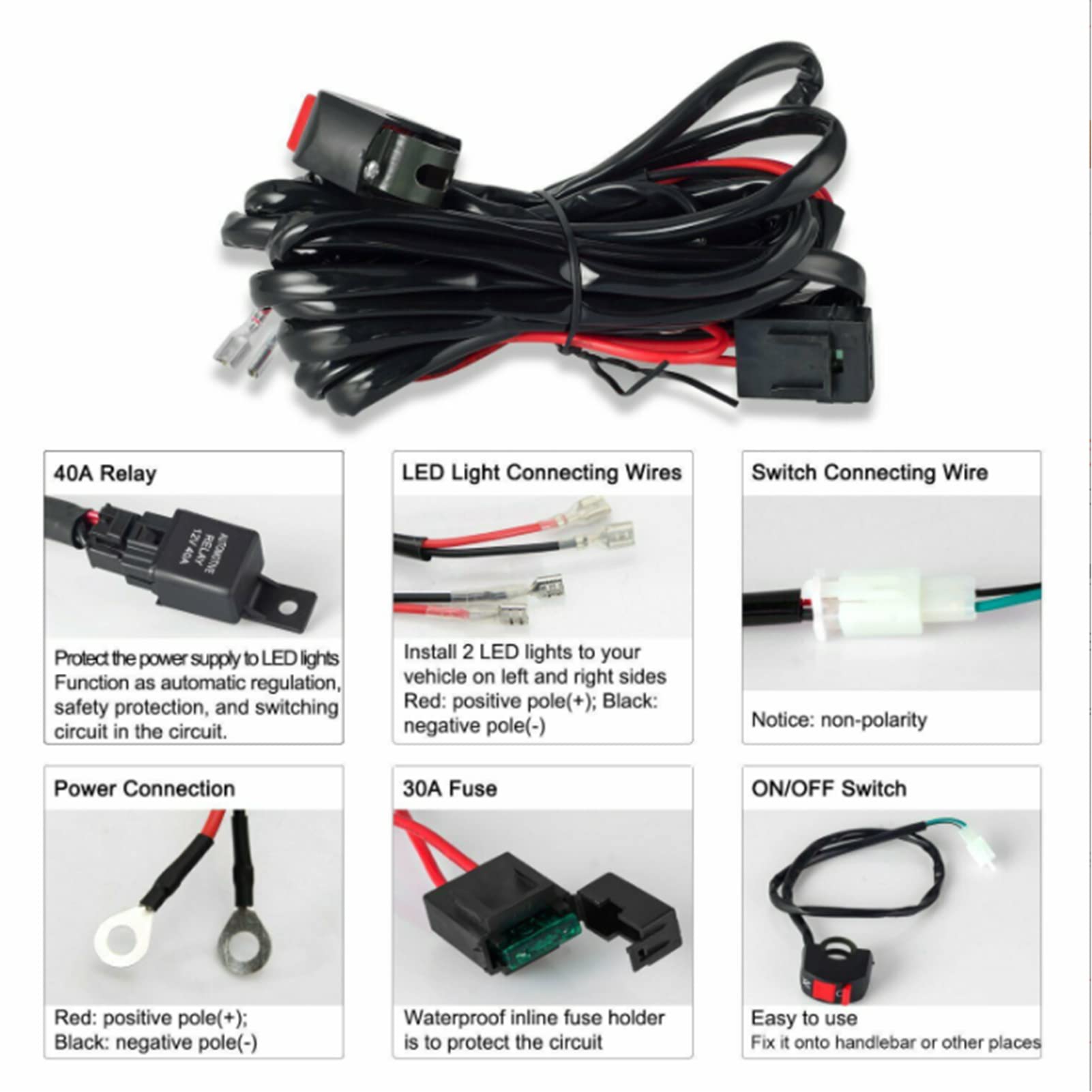 Kit cablaggio luci LED per moto, interruttore da manubrio 12V 40A con pulsante, cablaggio universale per barre luminose a LED, compatibile con moto da cross 9-V, ATV e