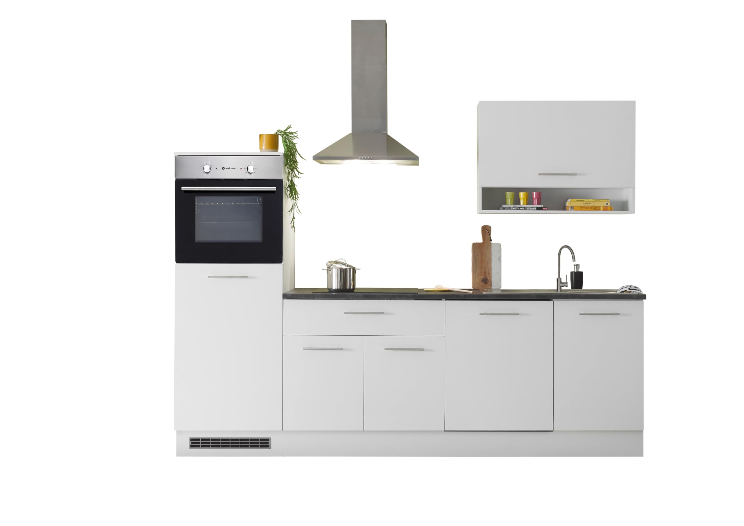 AVANTI TRENDSTORE - Sampeyre - Cucina completa nel colore bianco opaco/Stone dark, composto da diversi elementi. Lavandino ed elettrodomestici NON sono compresi. Dimensioni ca. LAP 260x220x60 cm