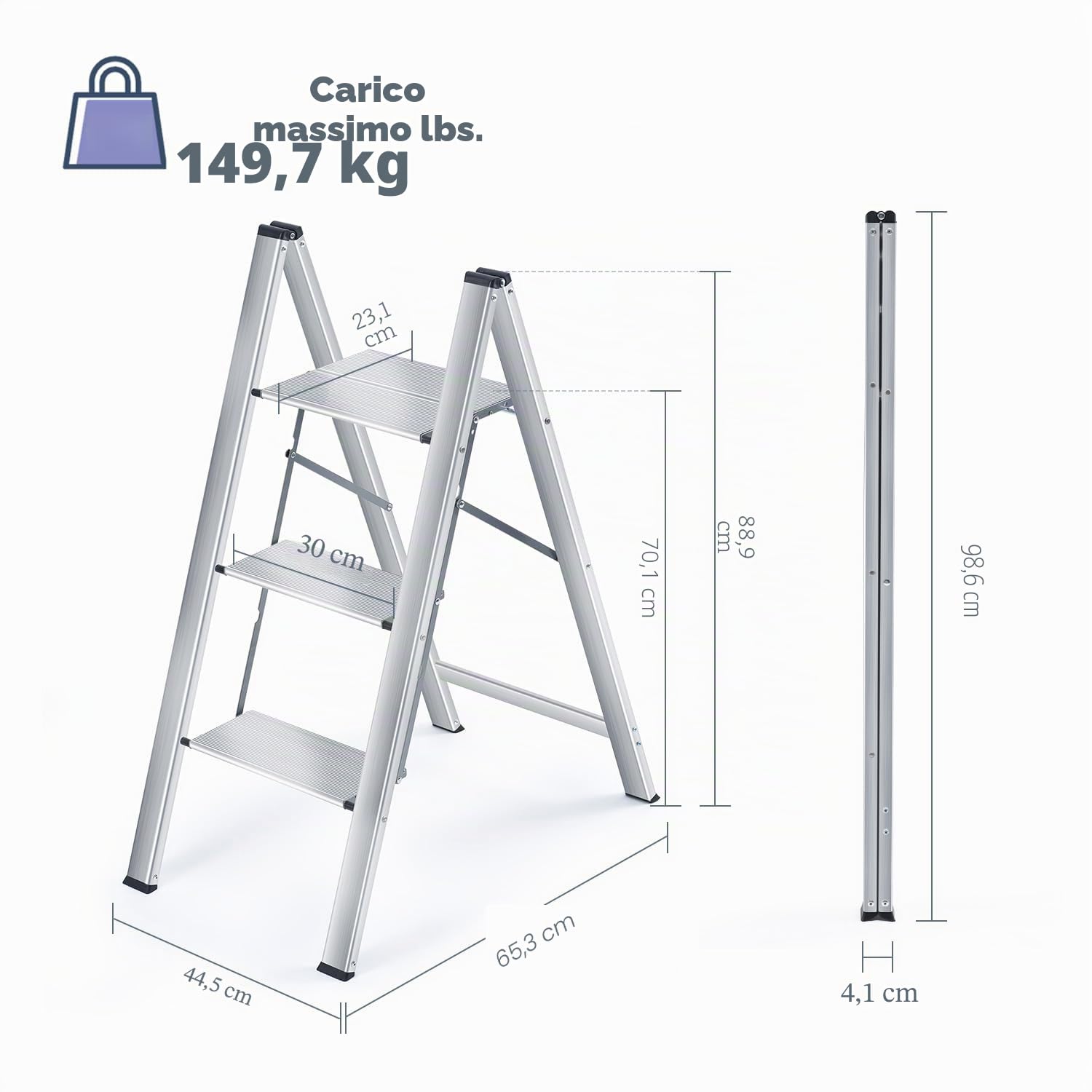 KINGRACK Scaletta pieghevole in alluminio a 3 gradini, sgabello portatile sottile, scaletta di sicurezza per uso domestico con multifunzione (Argento, 3 Passi)