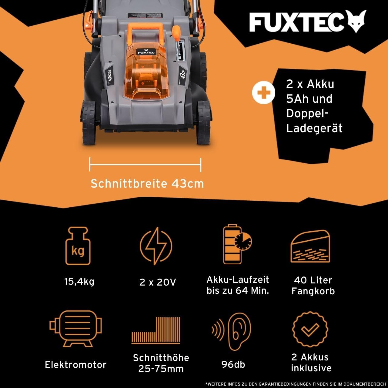 FUXTEC 40V Akku Rasenmäher FX-E2RM43PRO • AkkuMäher mit Akku & Ladegerät • 43 cm • FlexSpeed Variable Geschwindigkeit • Radantrieb • Schnitthöhenverstellung • Grasfangkorb und Mulchfunktion