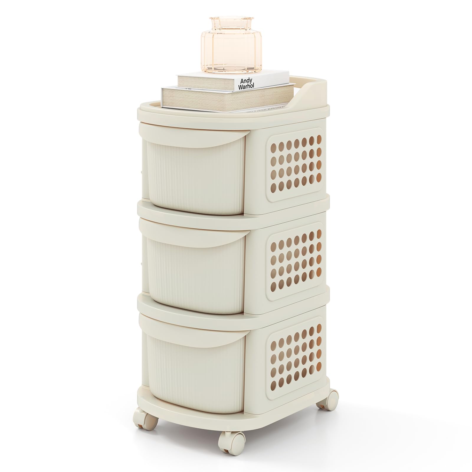 GOPLUS Carrito de Almacenamiento de 3/4 Cajones, Cajonera de Plástico con Ruedas Universales, 6 Ganchos, Panel Perforado y Asa, Carro Organizador Móvil para Salón Cocina Oficina (38 x 32 x 68 cm)