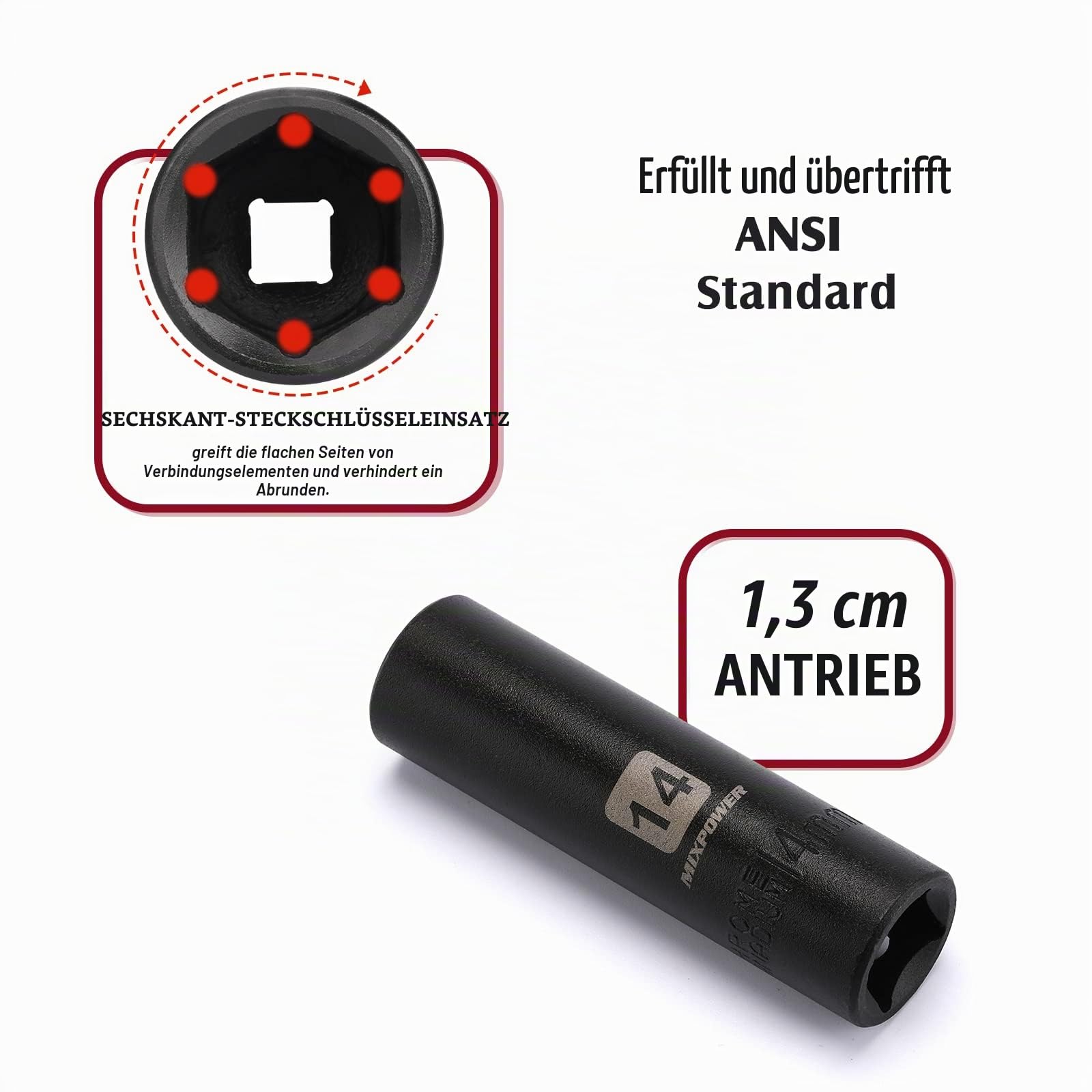 MIXPOWER 49-teiliges Steckschlüssel-Set für Schlagschrauber, 1/2 Zoll, tief/flach, 8 mm–32 mm, CR-V, metrisch, inklusive Verlängerungsstangen, Adapter, Universal-Schlaggelenk