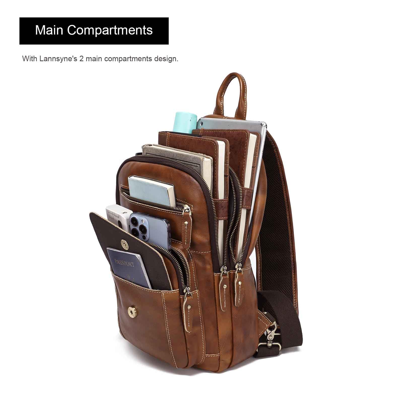 LANNSYNE Full Grain Leather Casual Sling Bag For Men Hiking/Travel/Business Crossbody Chest Bag Fits 12.9'' iPad'