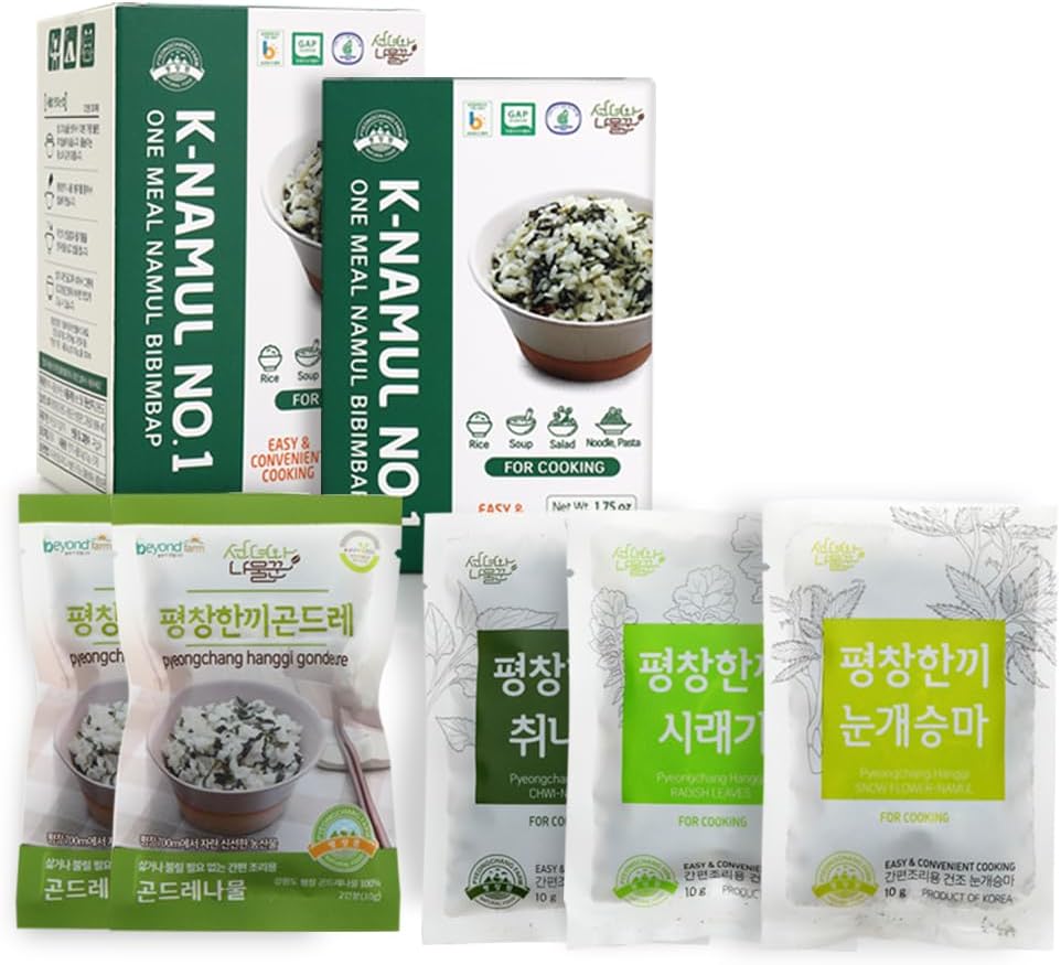 - Pyeongchangfarm K-namul No.1, One Meal Namul Bibimbap Kit 50g (10g x 5 Packs) - Gondre 곤드레 Chwi-namul 취나물 SnowFlower-Namul 눈개승마 Radish Leaves 시래기