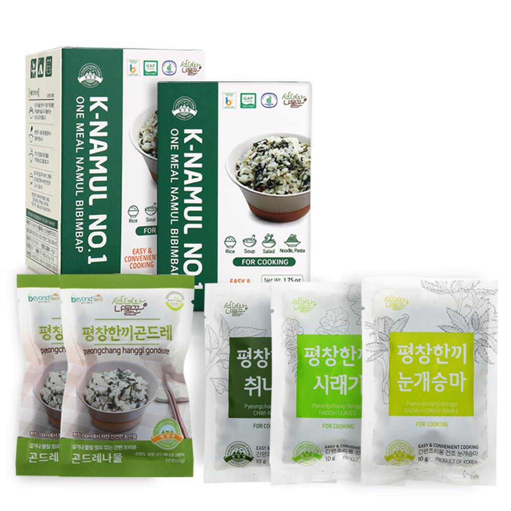 - Pyeongchangfarm K-namul No.1, One Meal Namul Bibimbap Kit 50g (10g x 5 Packs) - Gondre 곤드레 Chwinamul 취나물 Snow Flower Namul 눈개승마 Radish Leaves 시래기 King Oyster Mushroom 새송이버섯