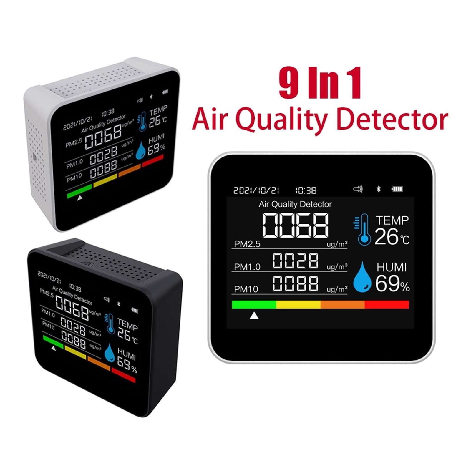 Monitor De Calidad del Aire 9 En 1 BT, Medidor CO2, Detector Dióxido Carbono, Hora/Fecha, TVOC HCHO PM2.5 PM1.0 PM10, Probador Temperatura Y Humedad Detección Rápida Precisa(Black)