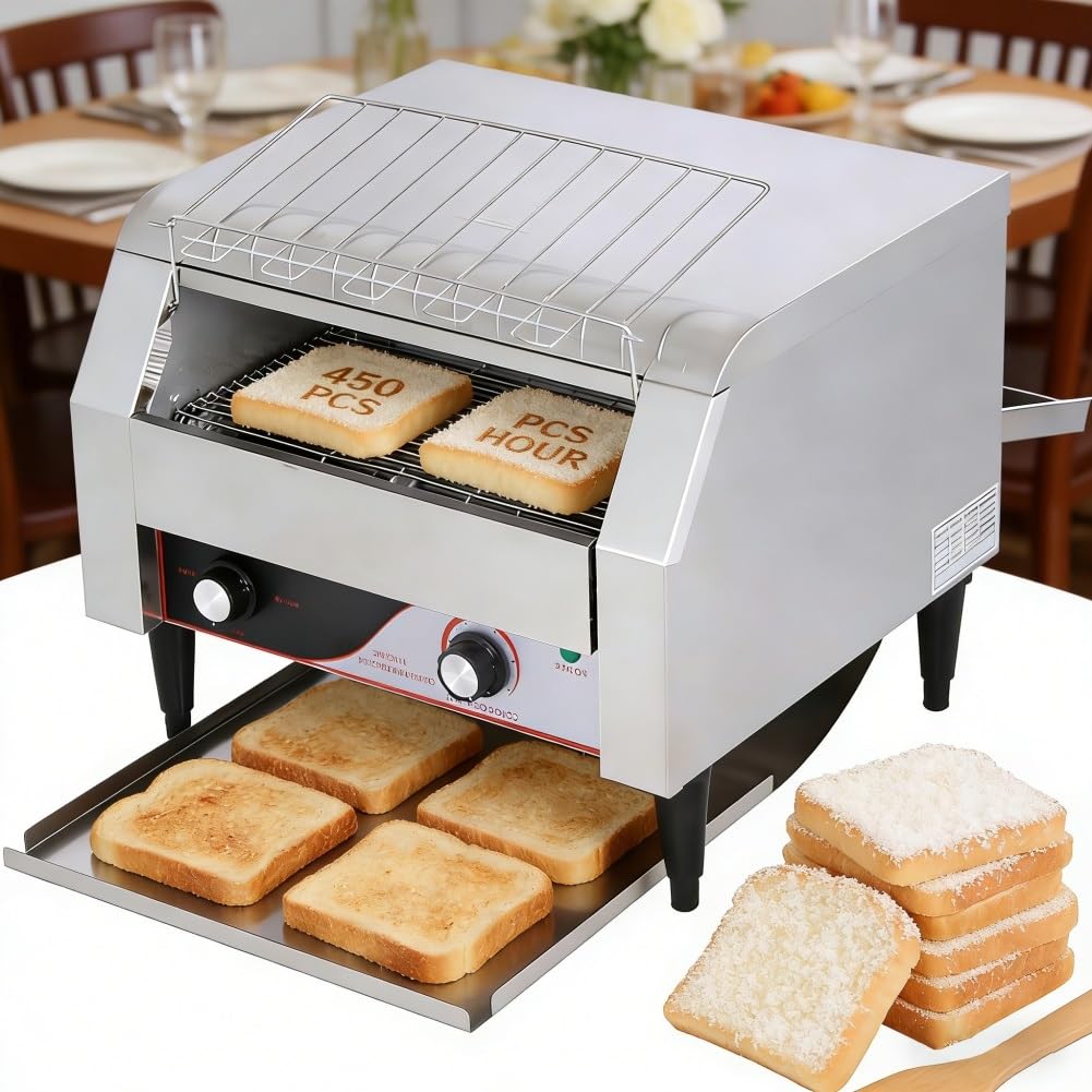 2600W Heavy Duty Commercial Conveyor Toaster, 450 pieces/H Countertop Industrial Stainless Steel Electric Oven with Dual Heating Tube and 7-Speed Adjustments for Restaurant Bakery Home(450pieces/H)