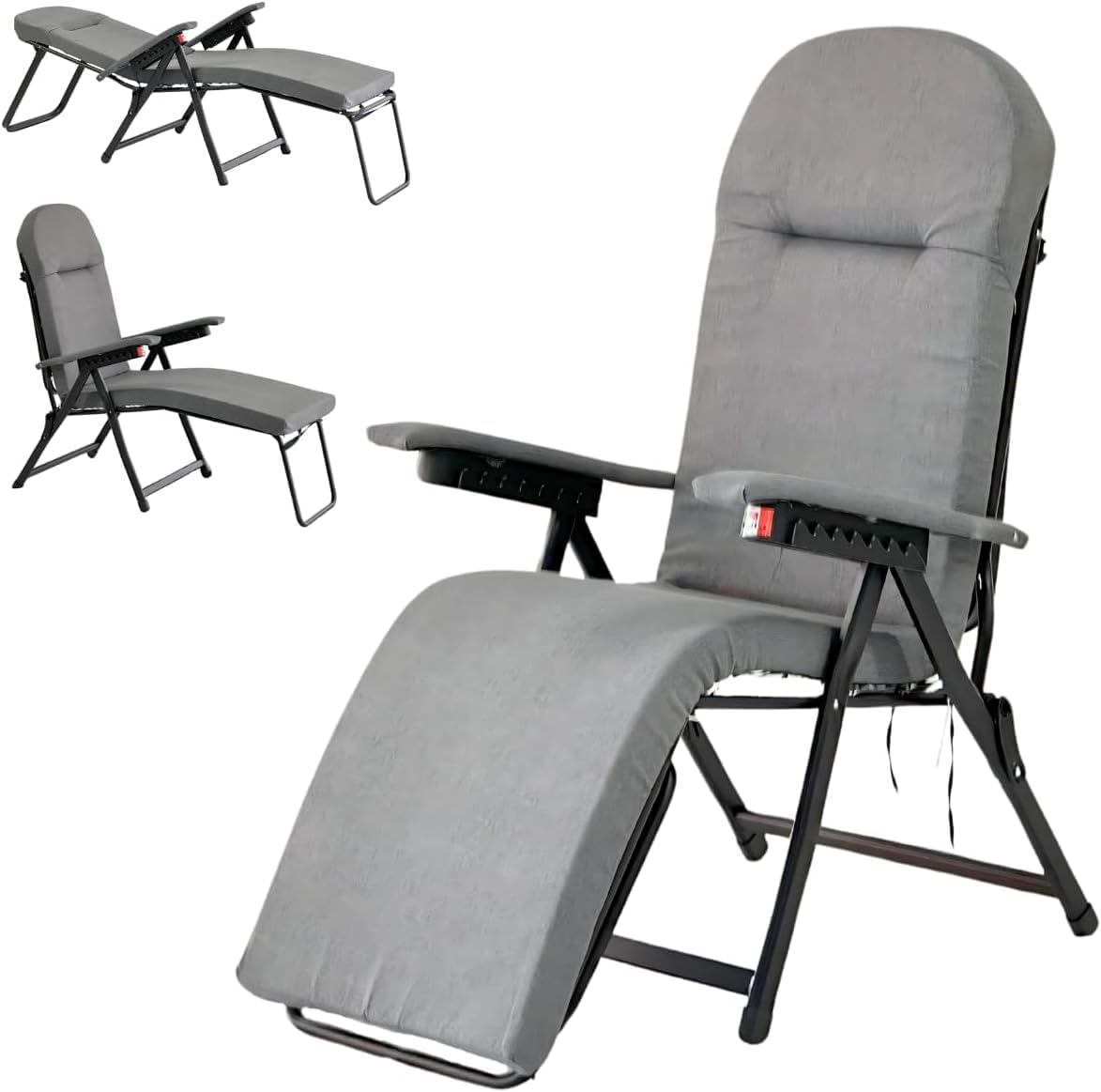 Tomaino - Chaise longue rembourrée extérieure intérieure avec repose-pieds - Fauteuil relax inclinable jusqu'à 180° - Coussin doux pliable pour maison, jardin, balcon (gris)