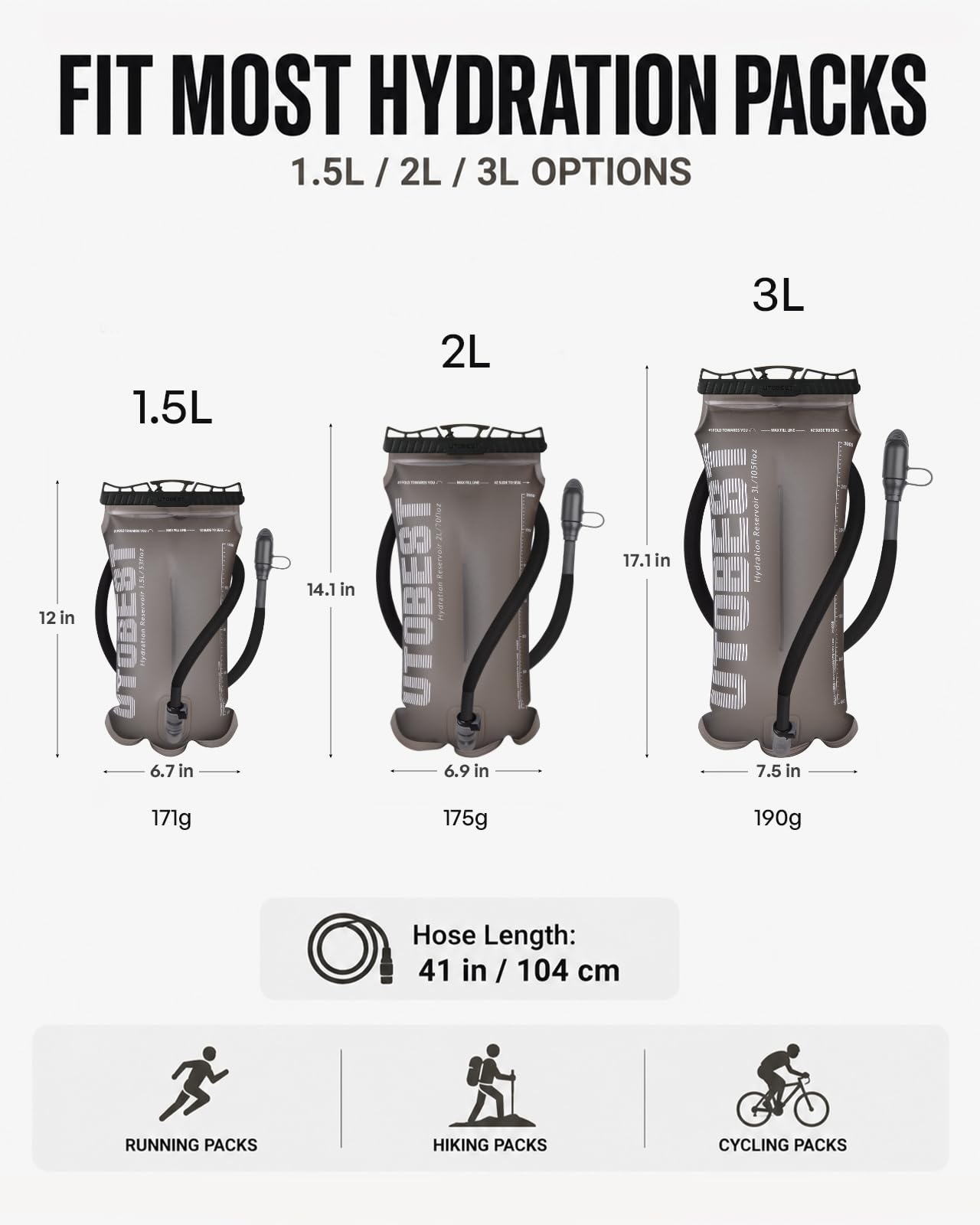 UTOBEST Vescica d'Acqua da 1,5 l, 2 l, 3 l, in TPU, Senza BPA, a Prova di perdite, per Escursioni, Corsa, Ciclismo, Campeggio, UTR211