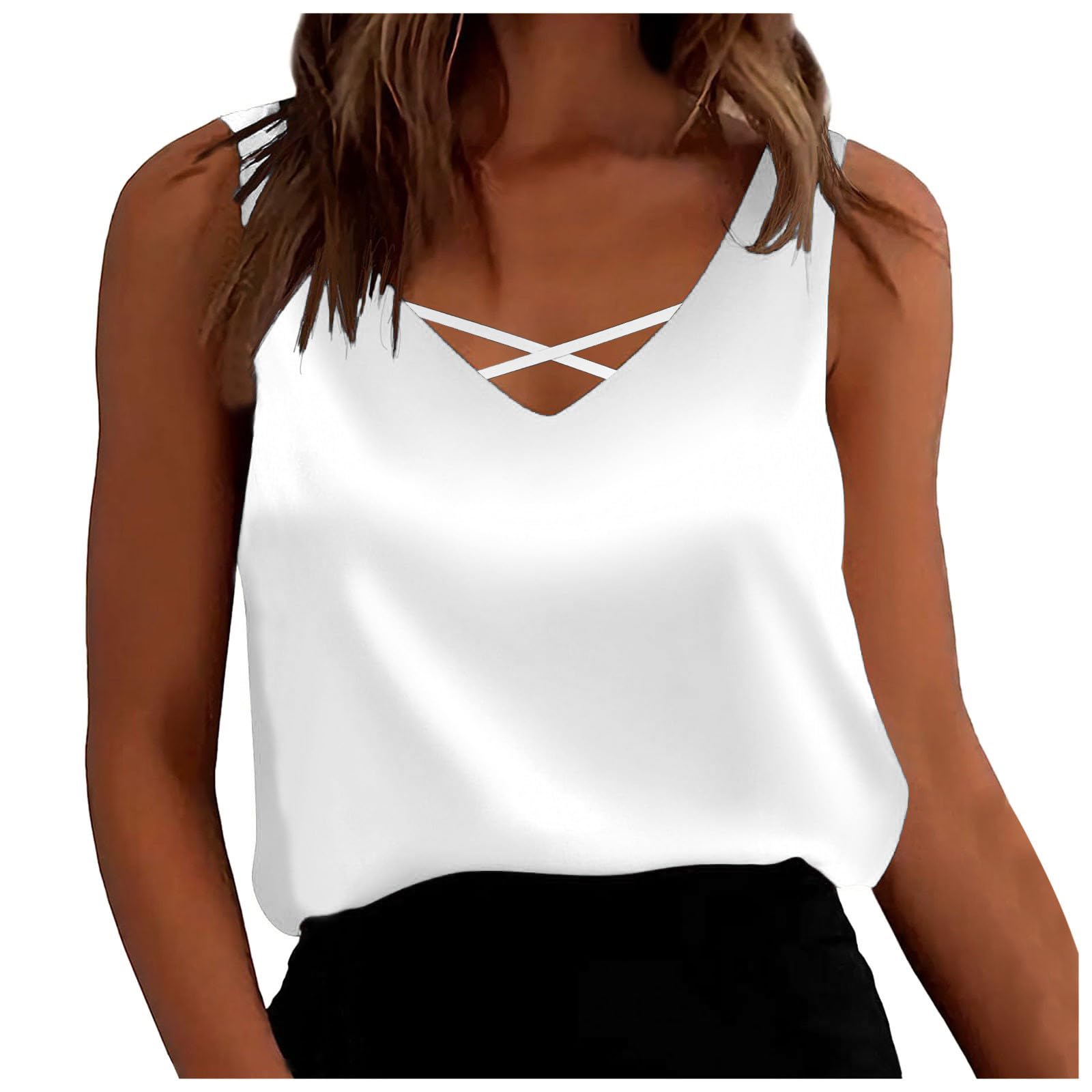 YpingLonk Camiseta Sin Mangas para Mujer Camisa Tirantes Cuello en V Satén Camisetas Camisole Top Elegante Sexy Blusa Shirt Casual Cami Tank Tops