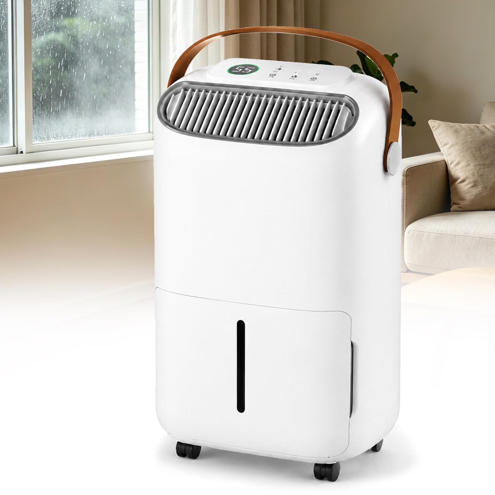 Deshumidificador de 12 L/día, para sótanos, hogares y baños | Control inteligente de humedad, panel de control táctil, temporizador de 24 horas, ruedas universales de 360° y asa