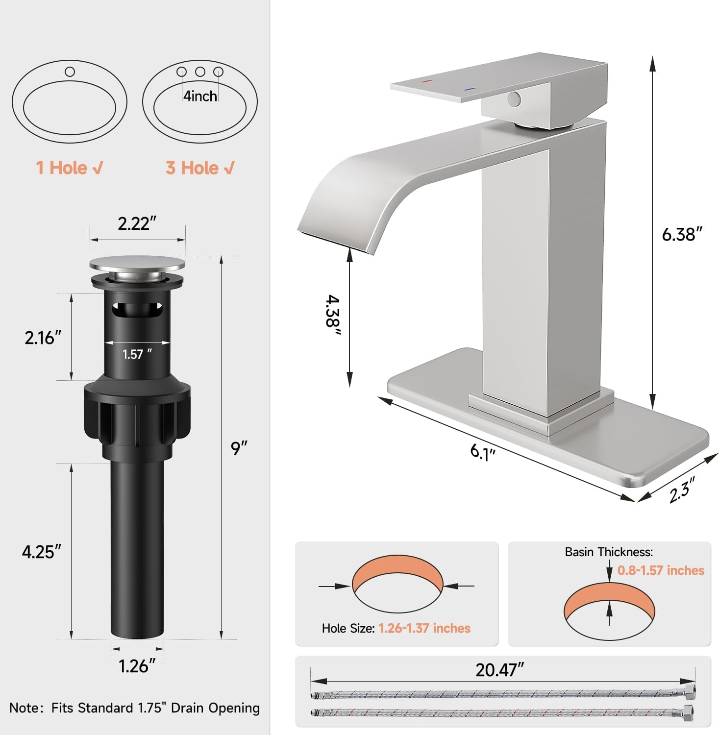 Brushed Nickel Bathroom Faucets, Evolvegoods Modern Waterfall Bathroom Faucet, Single Handle 1 or 3 Hole Bathroom Sink Faucet, RV Mixer Tap Vanity Faucet with Deck Plate, Pop-up Drain and Supply