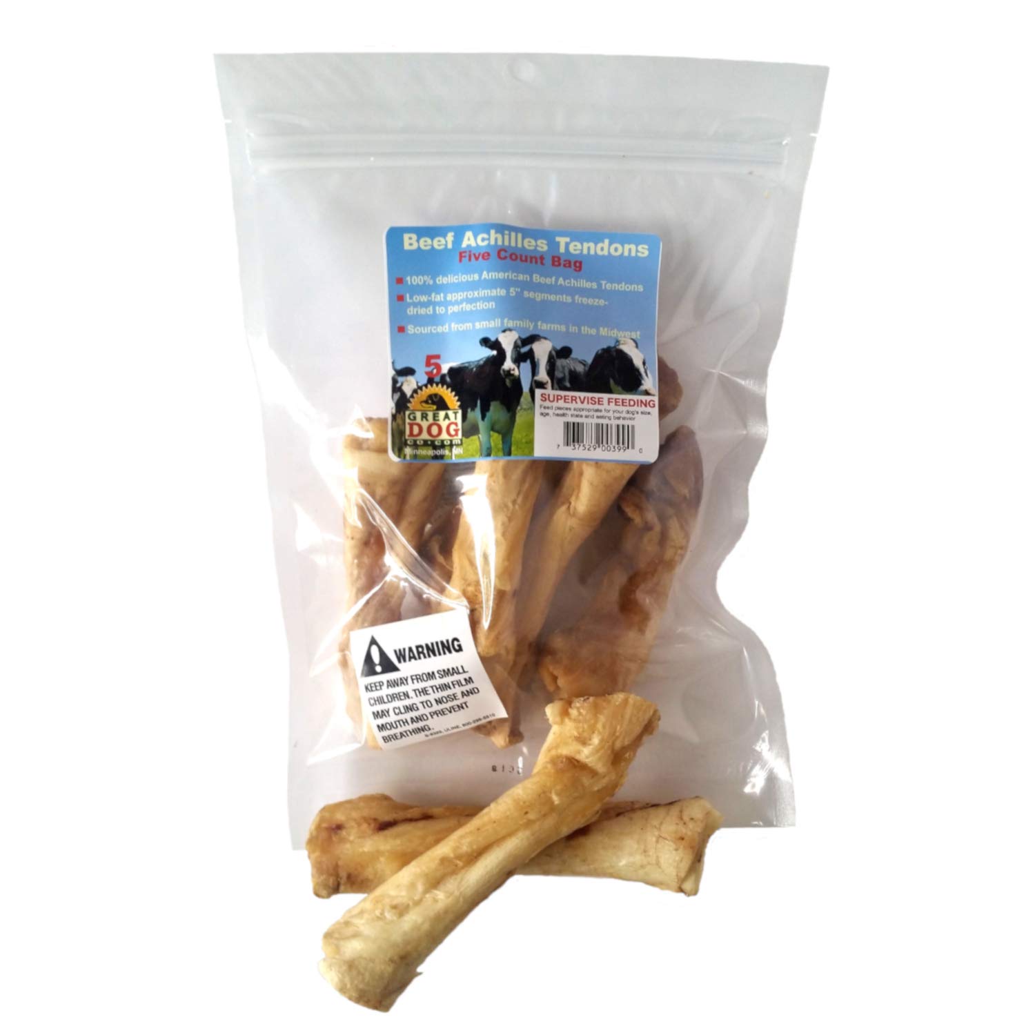 Great Dog Beef Tendons - Freeze-Dried for Dogs - Five Count Bag