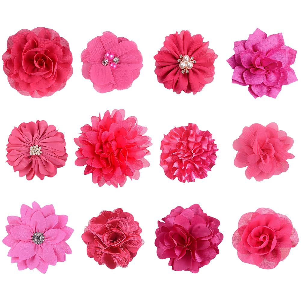 12 Pcs Removable Puppy Fabric Collar Flowers Fake Pearl Rhinestone Dog Collar Charms Cat Flower Bow Ties Floral Kitten Rabbit Collar Pet Flower Neck Ties for Holiday Festival Hot Pink
