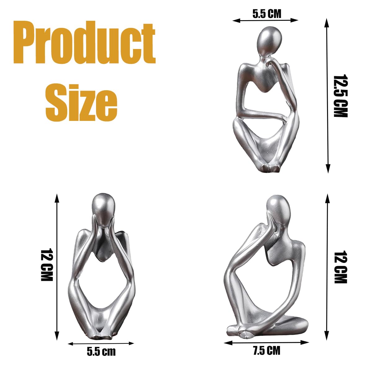 Scultura moderna per la casa, set da 3 pezzi, set di statua in resina argentata, decorazione per davanzale, decorazione per la casa, libreria, ufficio, scrivania, pensiero, meditazione