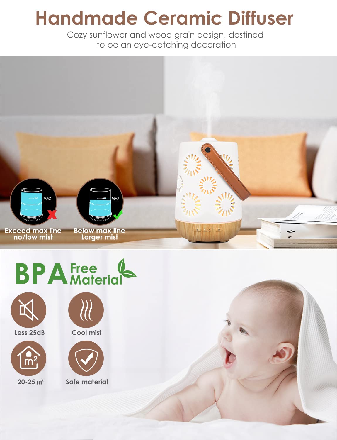 SALKING Difusor Aceites Esenciales de Cerámica Inalámbrico 180mL, Humidificador Aceites Esenciales Ultrasónico Portátil Sin Cable, Batería Recargable, Apagado Automático, para Acampada, Hogar, Oficina