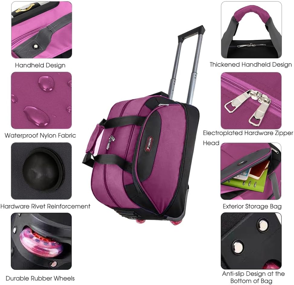 Rolling Duffel Bag with Wheels, 21inch Carry on Luggage Large Travel Bag with Handle for Unisex Adult Short Term Trips Expandable Travel Bag, Purple, Large