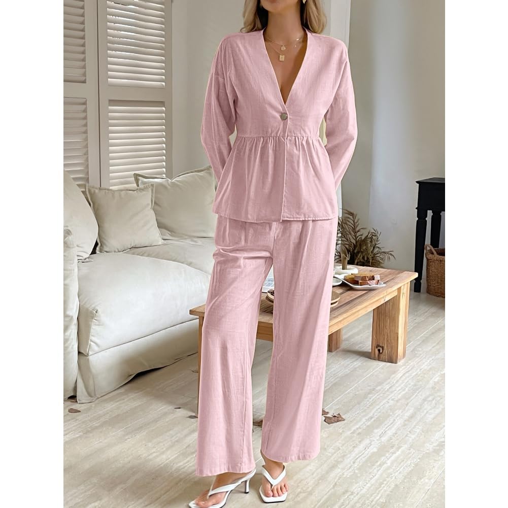 Generisch Set da donna casual in due pezzi autunno felpa con scollo a V, pantaloni larghi a gamba larga, tuta con bottoni, abbigliamento invernale