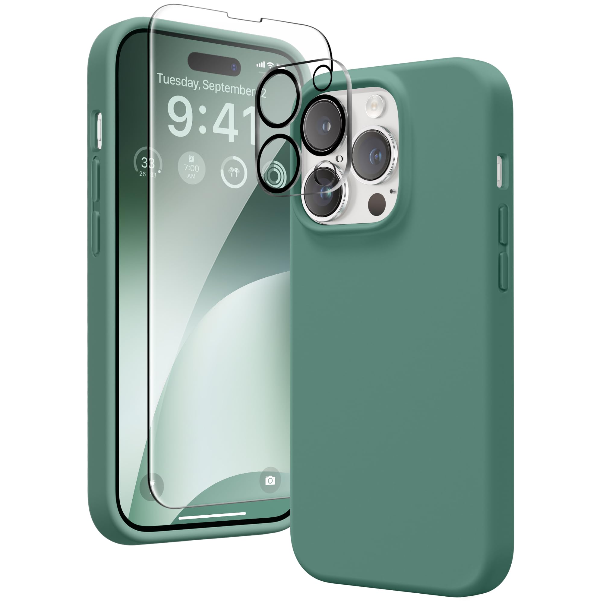GONEZ for iPhone 14 Pro Case, with 2 Pack Screen Protector + 2 Pack Camera Lens Protector, Soft Anti-Scratch Microfiber Lining, Shockproof Protective Liquid Silicone Phone Cover 6.1'', Midnight Green