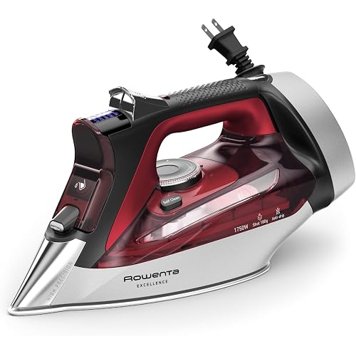 Rowenta Iron, Focus Excellence Stainless Steel Soleplate Steam Iron for Clothes, Retractable Cord, 400+ Microsteam Holes, Powerful steam, LED Display, 1750 W Ironing Clothes, Cordreel, Red DW5433