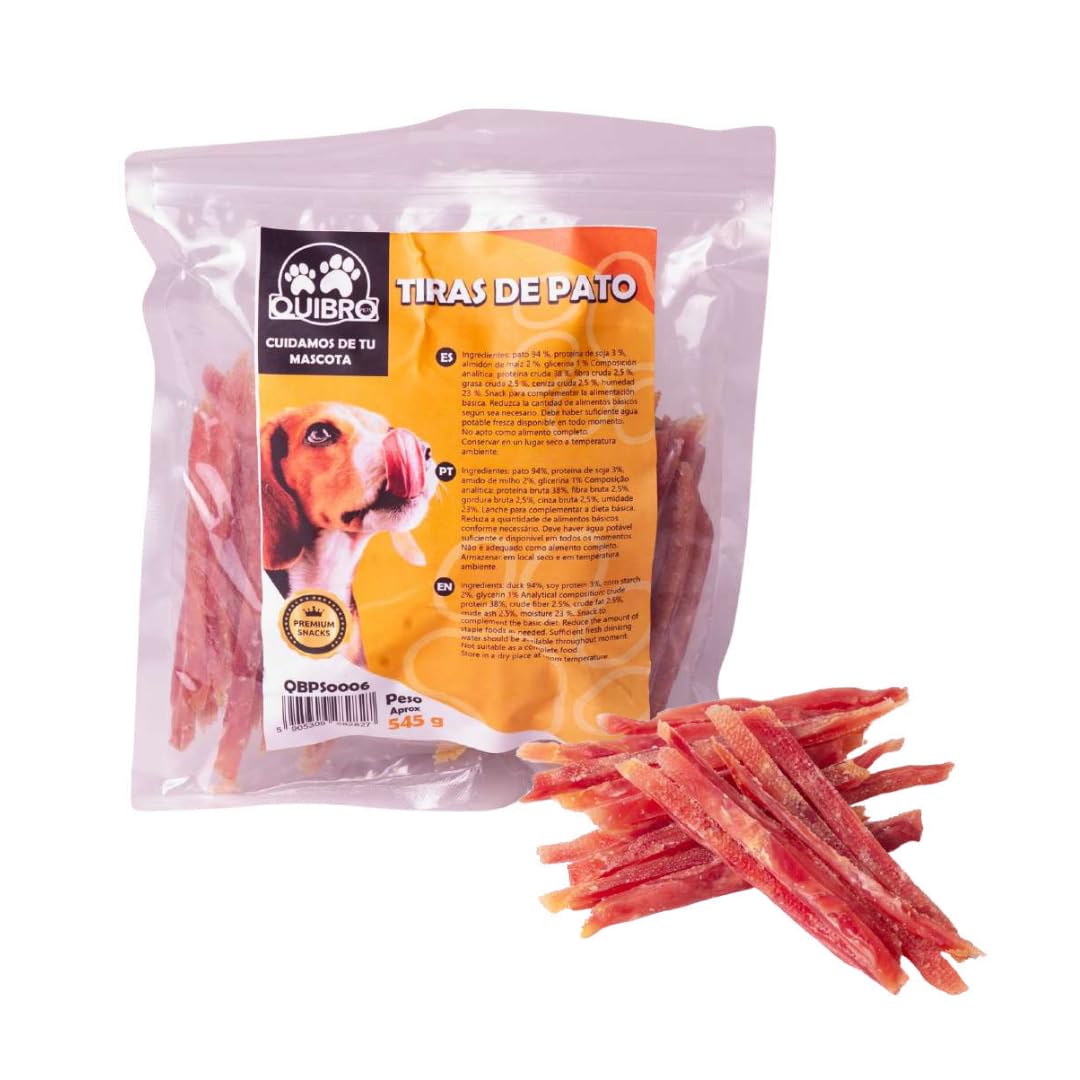 Quibropets Tiras de Pato para Perros - Chuches para Perros, Recompensas Naturales Sin Cereales, Snacks para Mascotas, Premios Deshidratados, 530g