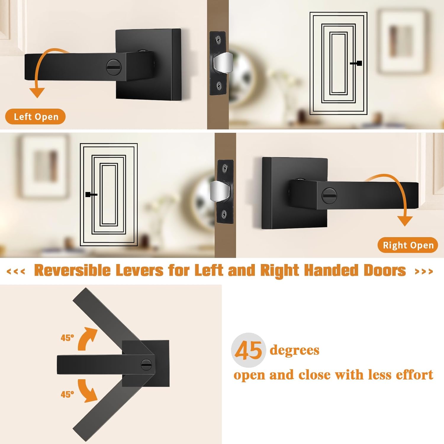 Probrico Matte Black Square Hall Closet Handles Passage Door Levers(5Pack) and Heavy Duty Interior Keyless Privacy Door Levers Bed Bath Door Handles(5Pack)