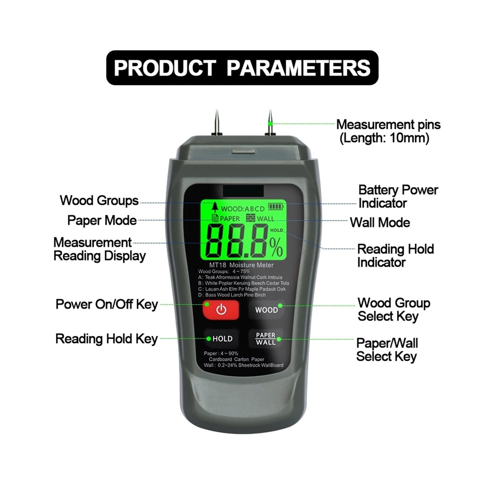 Medidor de humedad, Medidor de humedad madera digital MT-18 gris 0 a 99,9% con dos clavijas, comprobador papel, higrómetro pared, detector Para jardinería y agricultura(Grey with battery)