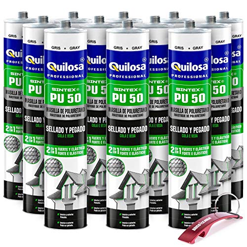 Masilla de Poliuretano Quilosa Sintex PU-50 - Caja 12 (Botes 300ml) Unidades Edición Especial con Llavero Rojo Bricolemar de Regalo! (Gris)
