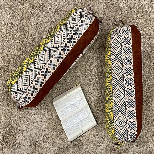 Image of Swayam Set of 2 Pure Cotton Bolster Cover | 30x30 Inch | Soft Breathable Masnad Cover 200TC | Durable & Washable | Motif Print Bolster Cover for Diwan, Bed & Sofa - Brown & Yellow