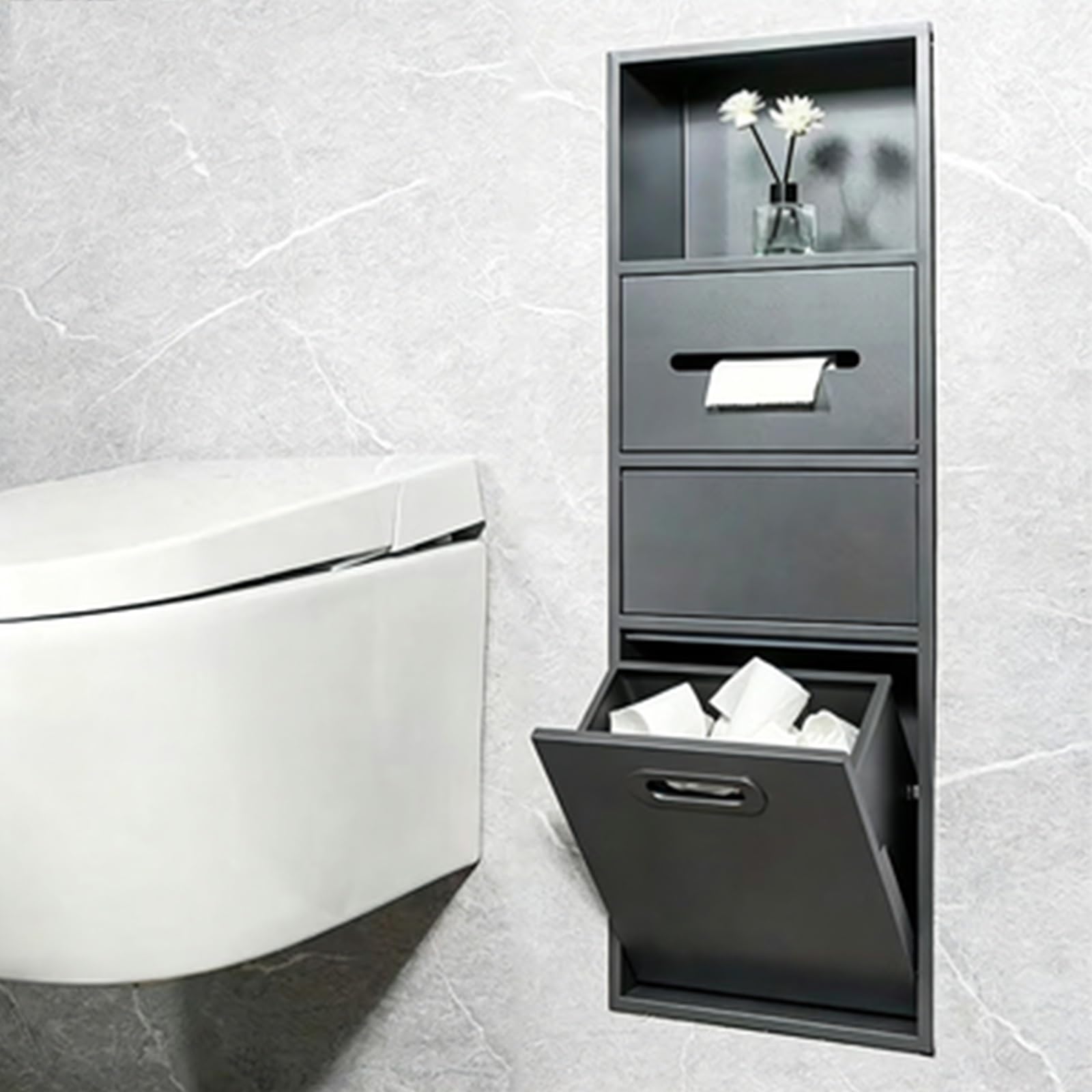 304 Stainless Steel Bathroom Trash Can Holder Cabinets, Recessed Wall Mounted Hidden Storage Alcove with Toilet Paper Holder for Bedroom Living Room Hotel(Gray)