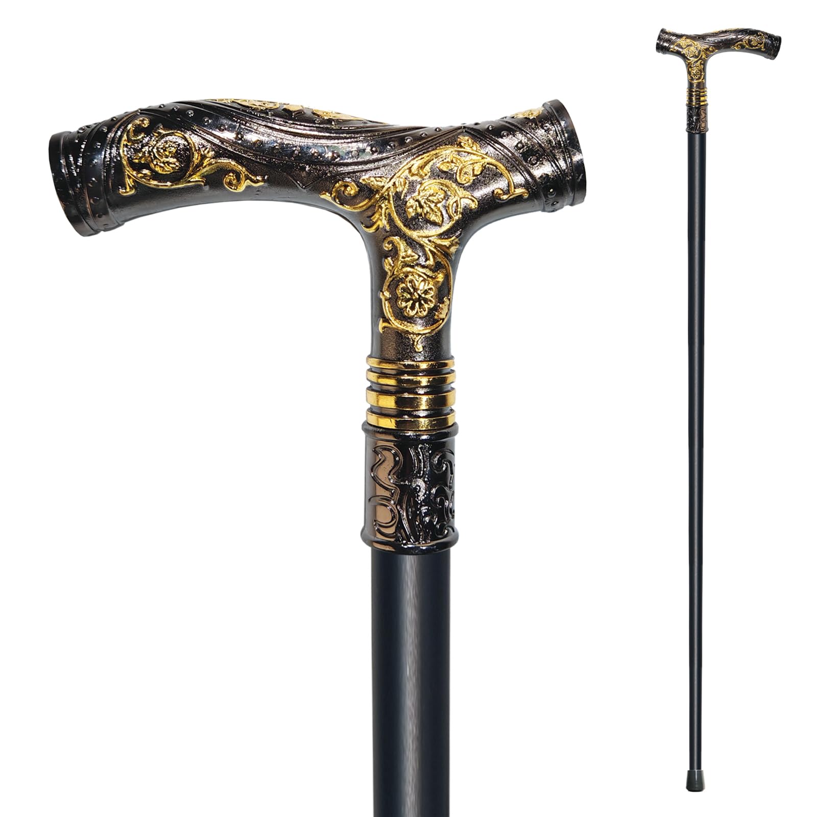 Gehstock für Damen und Herren – 92,7 cm, strapazierfähig, 150 kg Kapazität, ergonomischer Griff, dekoratives und kunstvolles Design, Gothic- und Gothic-Stil, elegant, mattes Schwarz und Gold
