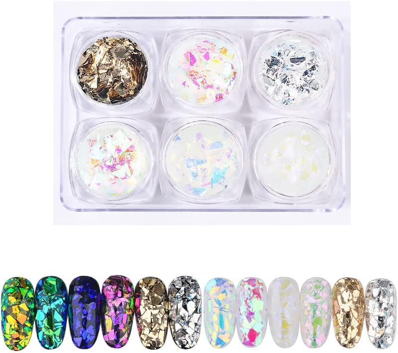 6 Colors Size A Irregular Gold Foil Nail Chip Glitter, Holographic Nail Foil Sequins for Nail Art Decoration